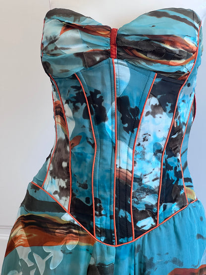 Luxurious Designer Silk Teal Mini Corset Dress