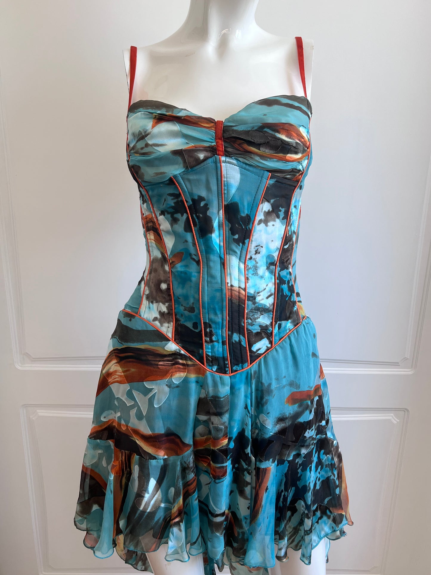 Luxurious Designer Silk Teal Mini Corset Dress