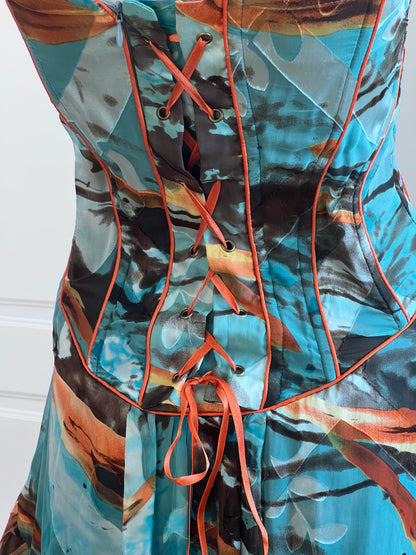 Luxurious Designer Silk Teal Mini Corset Dress