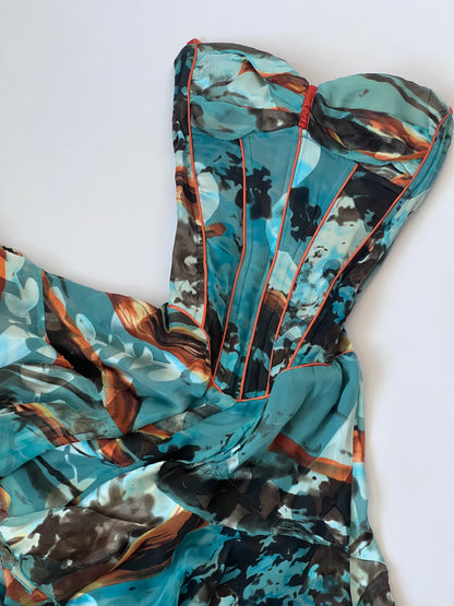 Luxurious Designer Silk Teal Mini Corset Dress