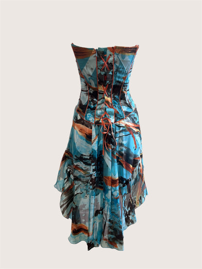 Luxurious Designer Silk Teal Mini Corset Dress