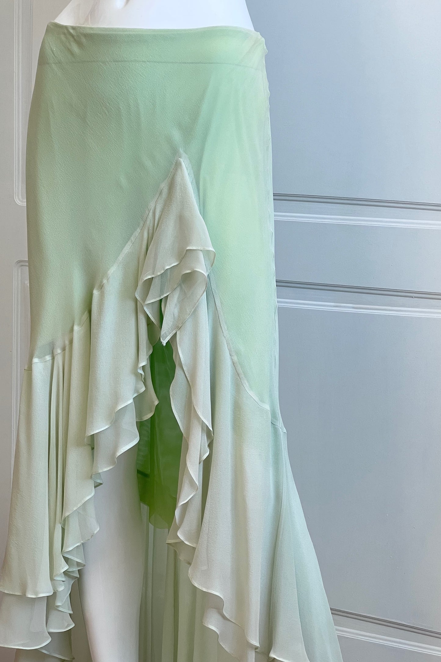 Luxurious Designer 100% Silk Lime Maxi Ruffle Skirt