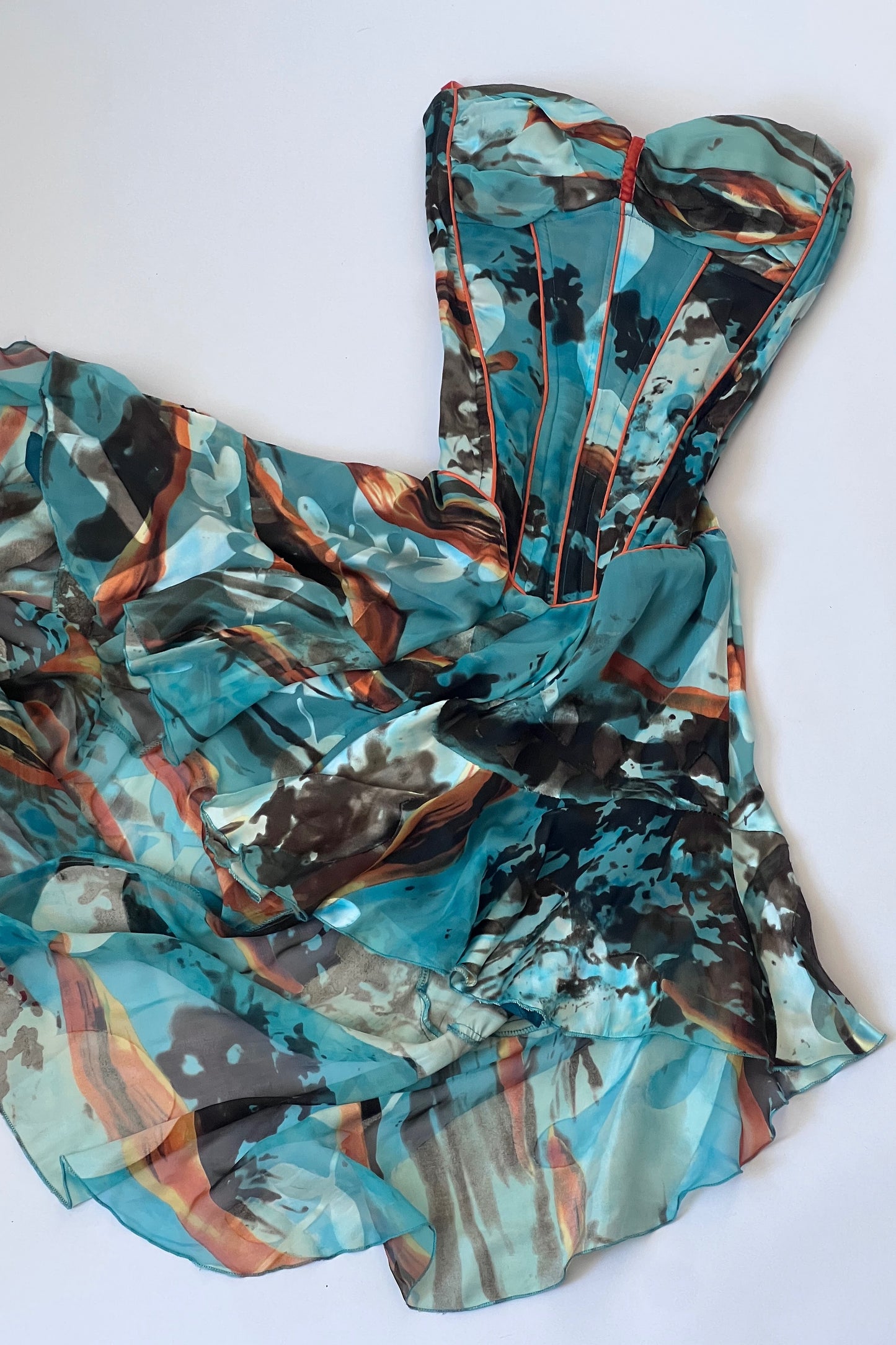 Luxurious Designer Silk Teal Mini Corset Dress
