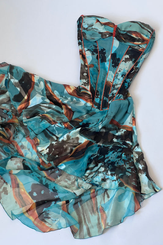 Luxurious Designer Silk Teal Mini Corset Dress