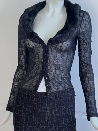 1990's Black Faux Fur Cardigan & Slip Skirt Ensemble