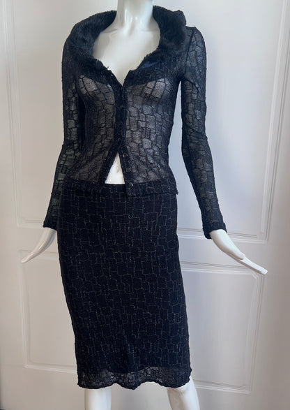 1990's Black Faux Fur Cardigan & Slip Skirt Ensemble