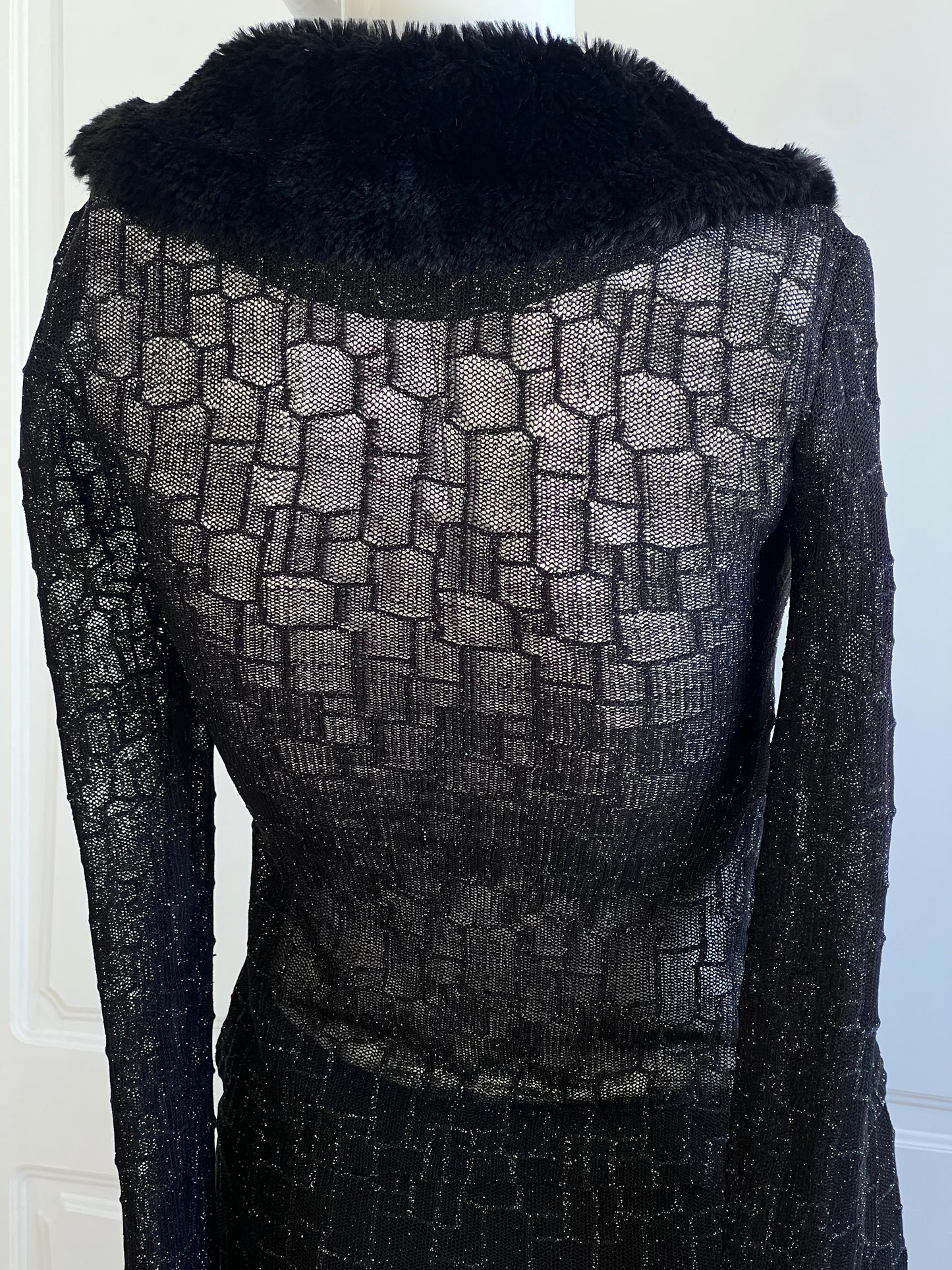 1990's Black Faux Fur Cardigan & Slip Skirt Ensemble
