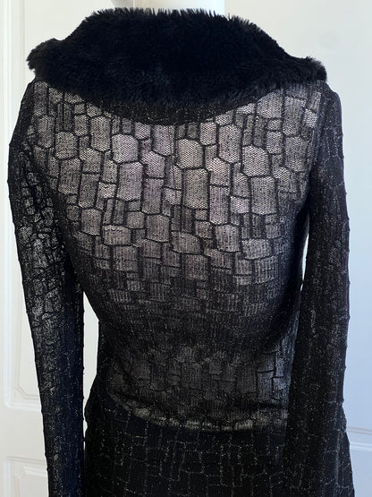 1990's Black Faux Fur Cardigan & Slip Skirt Ensemble