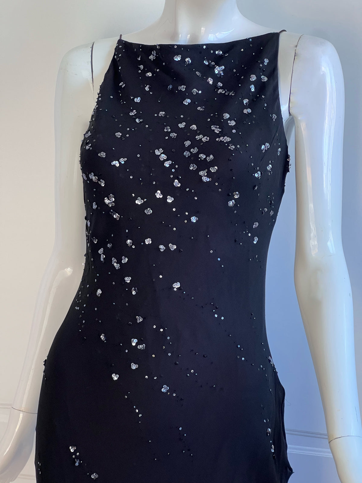 1990's Black Sequin Silk Slip Dress