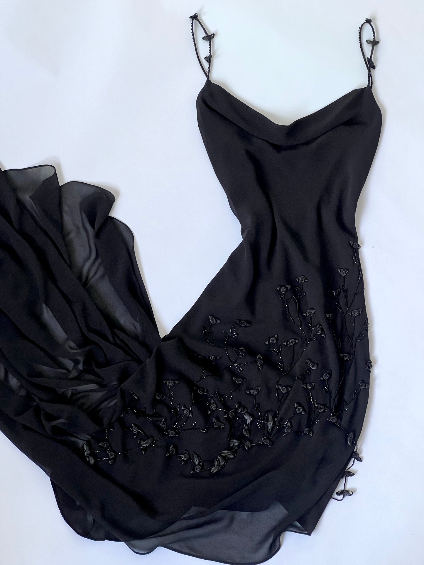 1990's Vintage Black Rosette Slip Dress