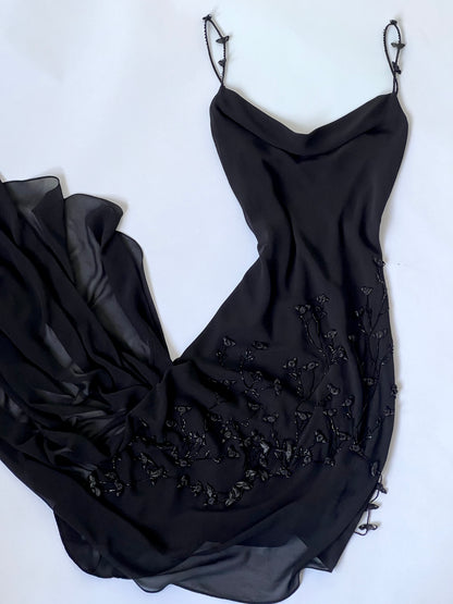 1990's Vintage Black Rosette Slip Dress