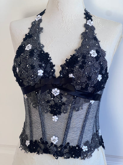 Luxurious Designer Black Floral Lace Corset