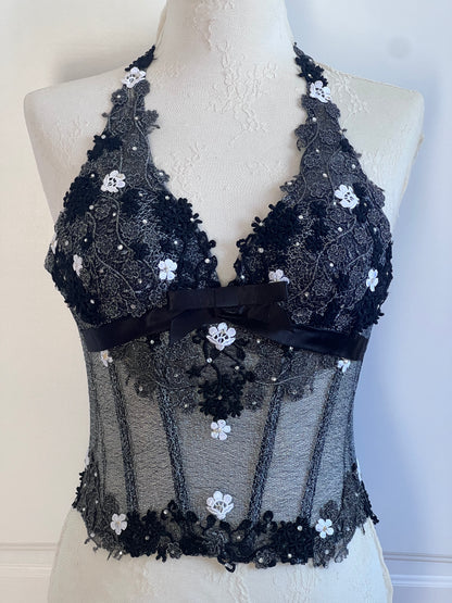 Luxurious Designer Black Floral Lace Corset