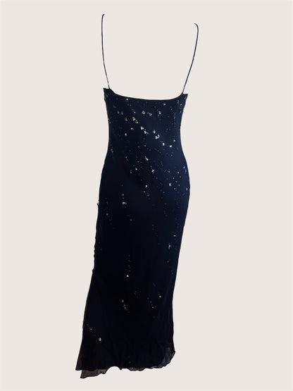 1990's Black Sequin Silk Slip Dress