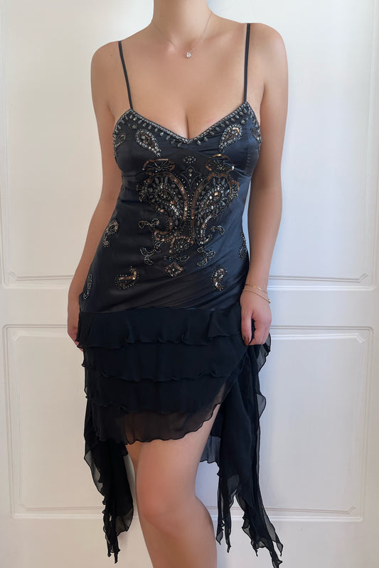 Vintage Sue Wong Black Silk Beaded Corset Dress