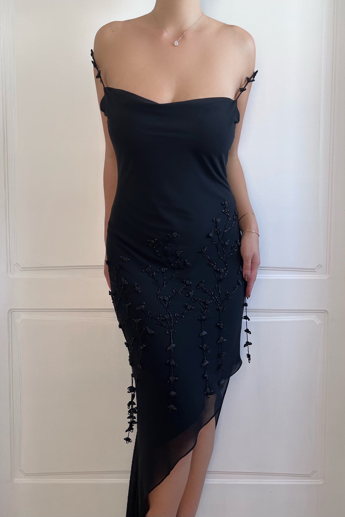 1990's Vintage Black Rosette Slip Dress
