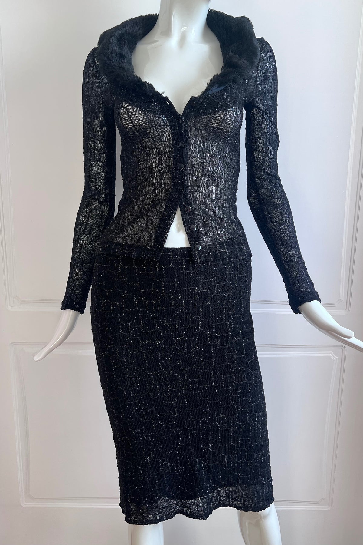 1990's Black Faux Fur Cardigan & Slip Skirt Ensemble