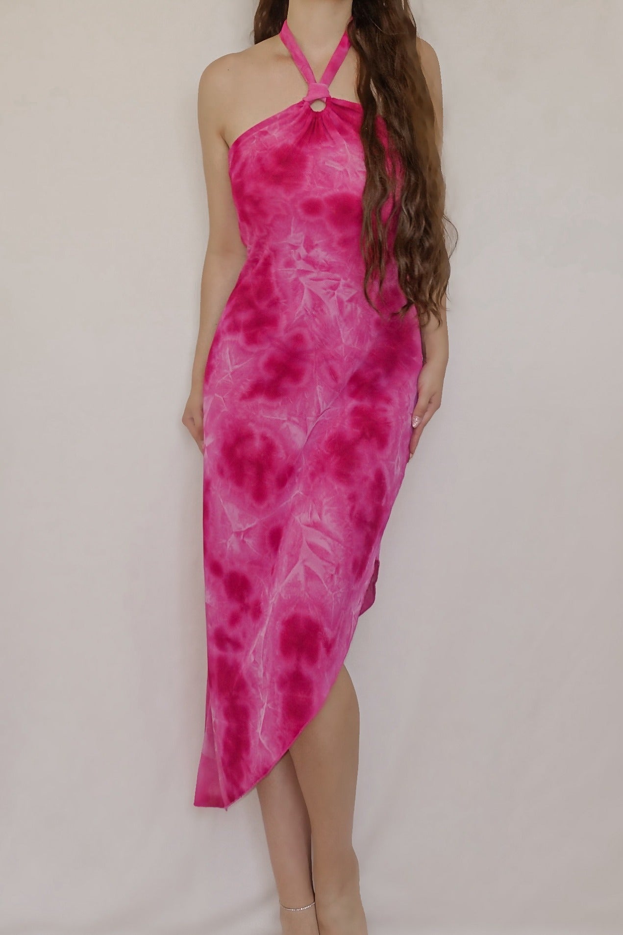 2000's Fuchsia Watercolor Halter Dress