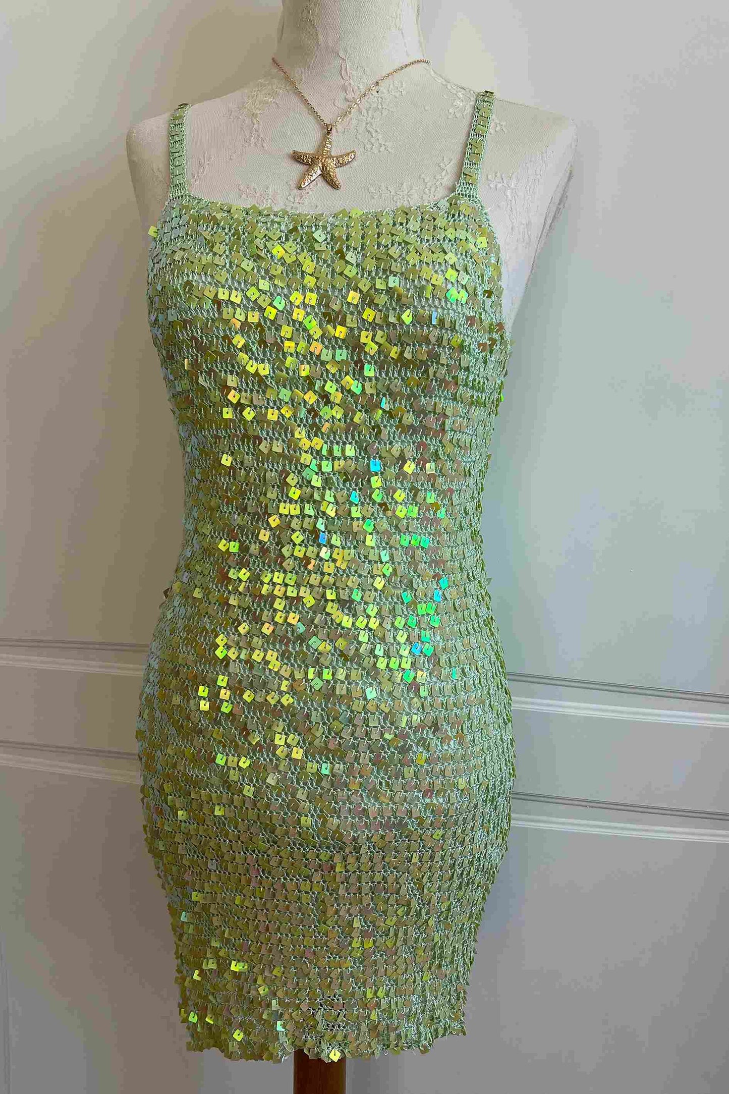 2000's Lime Green Iridescent Mini Crochet Dress