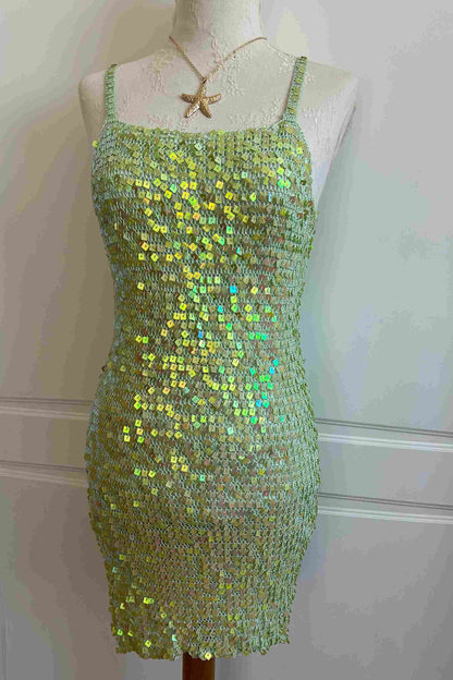 2000's Lime Green Iridescent Mini Crochet Dress