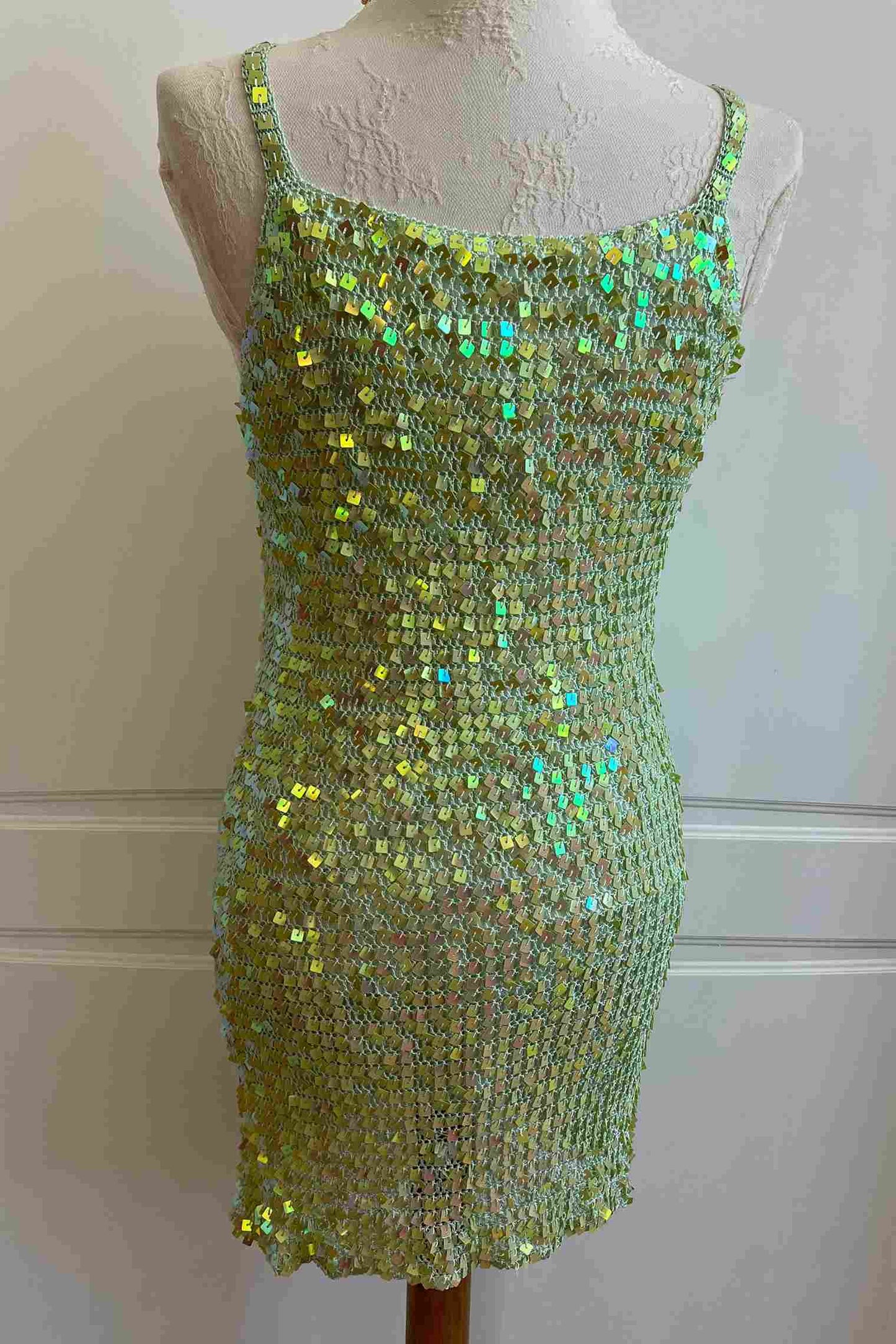 2000's Lime Green Iridescent Mini Crochet Dress