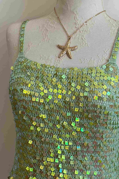 2000's Lime Green Iridescent Mini Crochet Dress