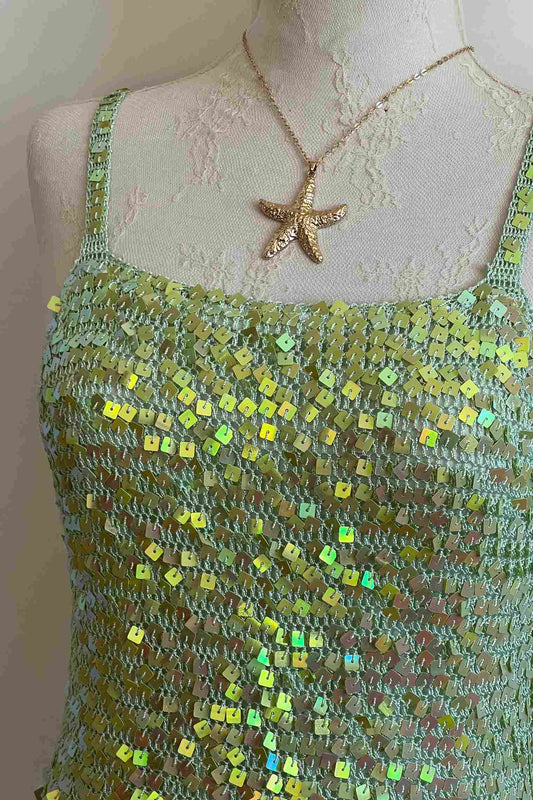 2000's Lime Green Iridescent Mini Crochet Dress