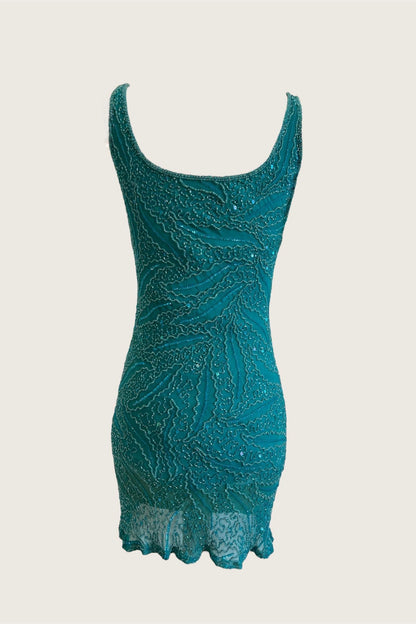 Vintage 100% Silk Teal Mini Beaded Dress