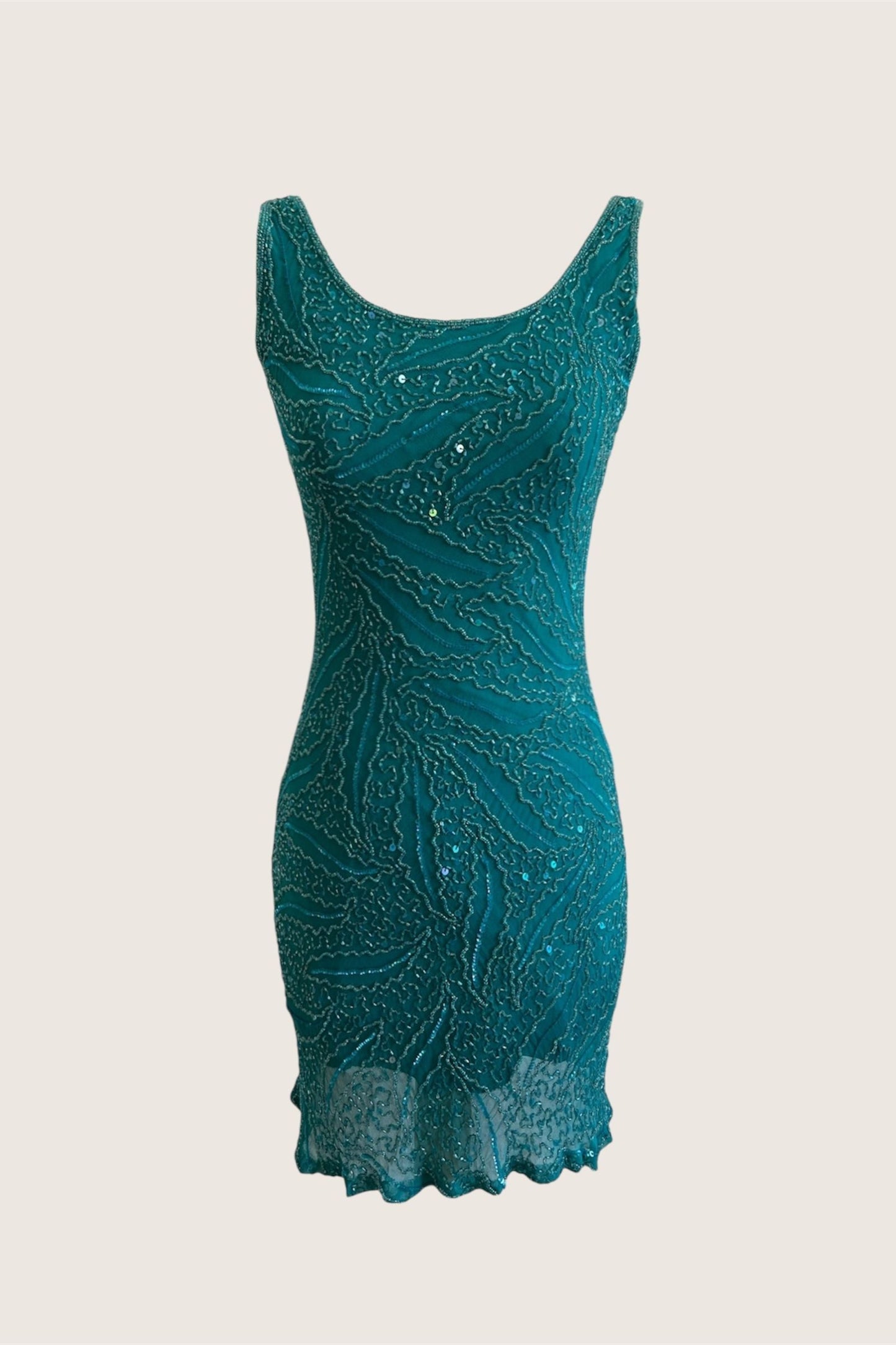Vintage 100% Silk Teal Mini Beaded Dress