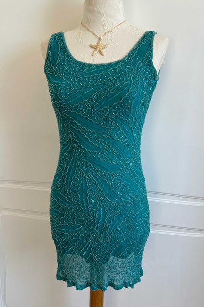 Vintage 100% Silk Teal Mini Beaded Dress