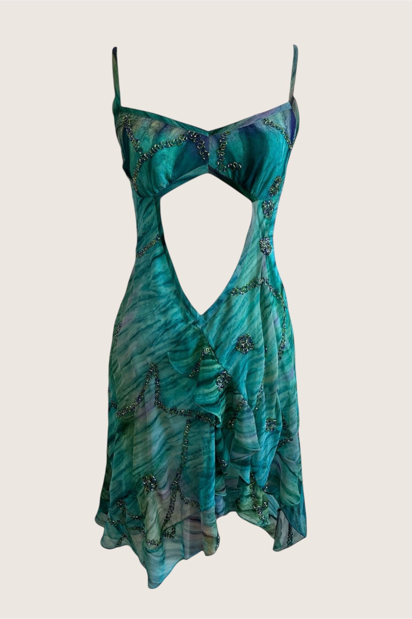 Vintage Teal Mini Beaded Cut-Out Dress