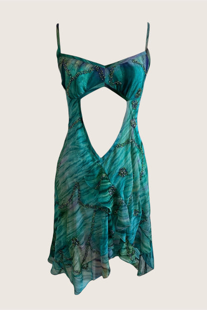 Vintage Teal Mini Beaded Cut-Out Dress