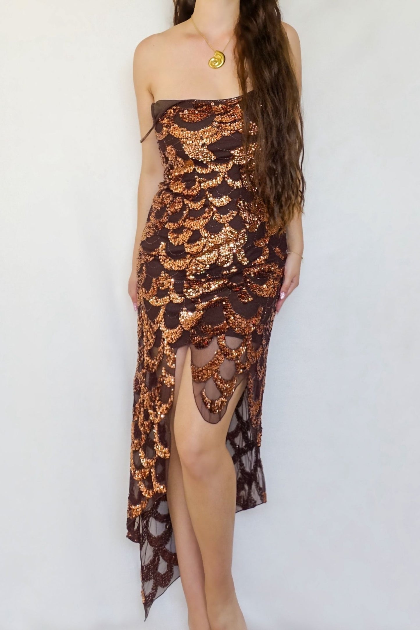 Vintage Bronze Sequin Scalloped Dress & Scarf Ensemble