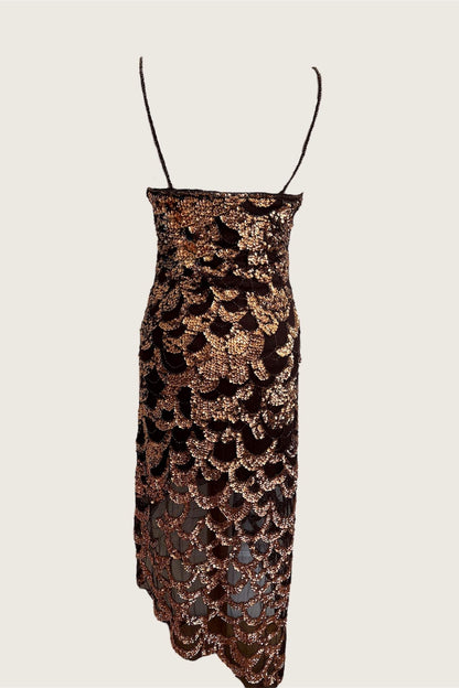 Vintage Bronze Sequin Scalloped Dress & Scarf Ensemble