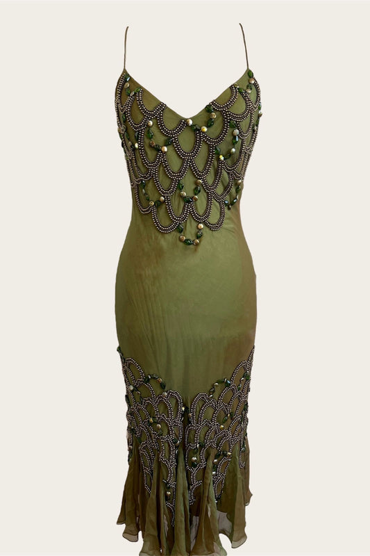 Vintage Silk Seaweed Green Beaded Dress