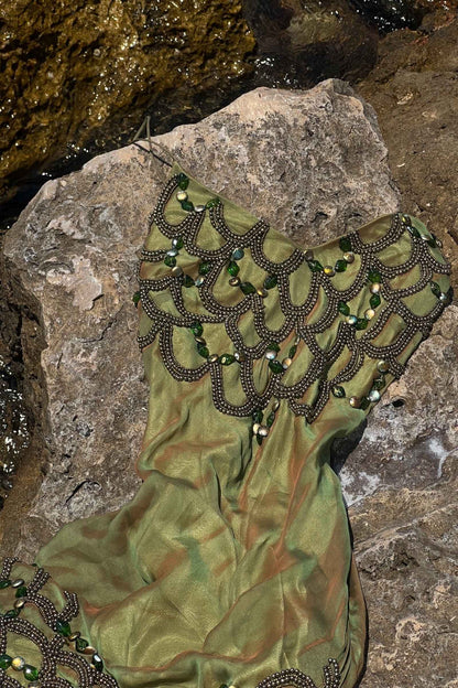 Vintage Silk Seaweed Green Beaded Dress