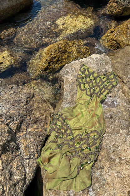 Vintage Silk Seaweed Green Beaded Dress