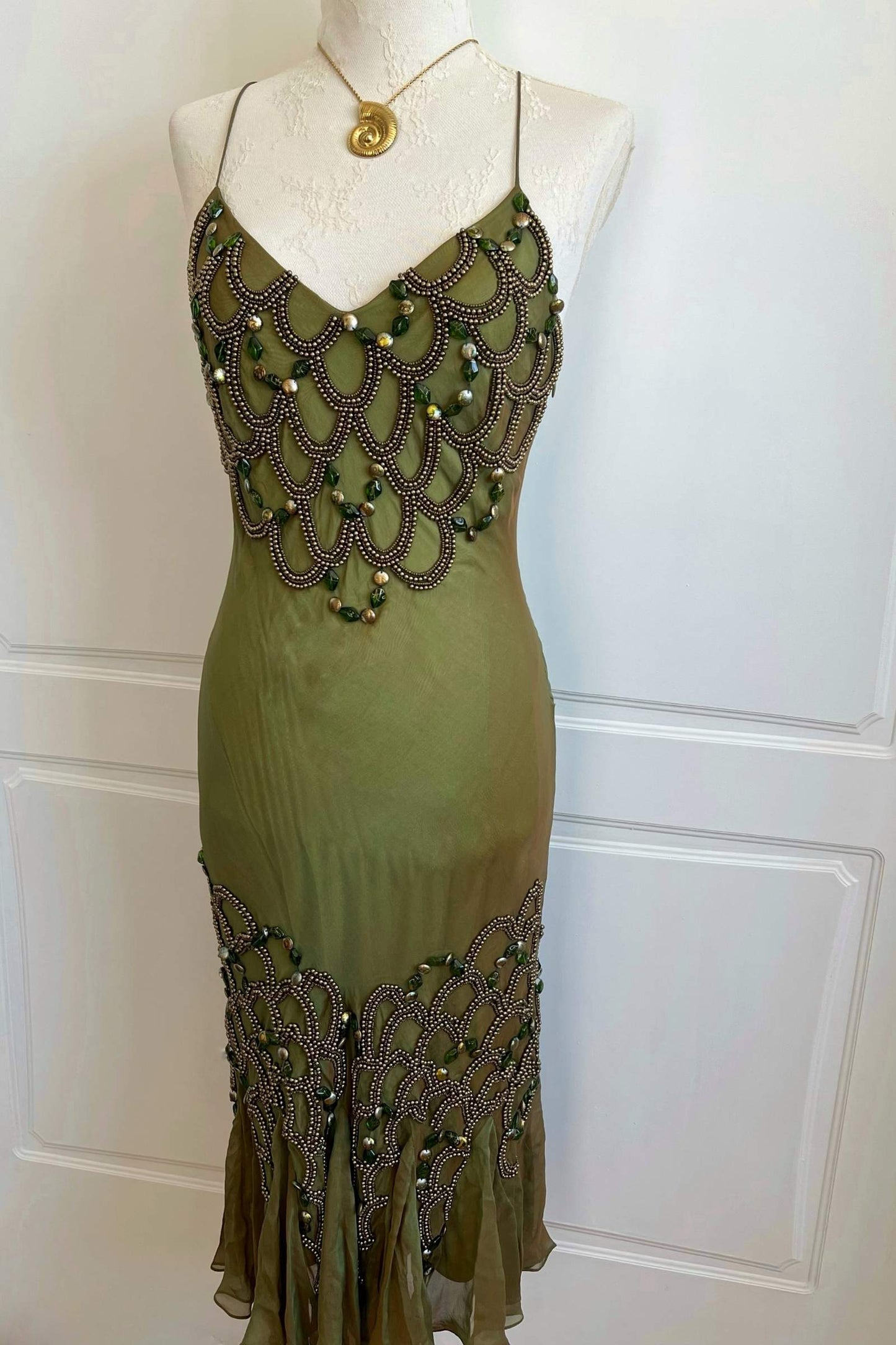 Vintage Silk Seaweed Green Beaded Dress