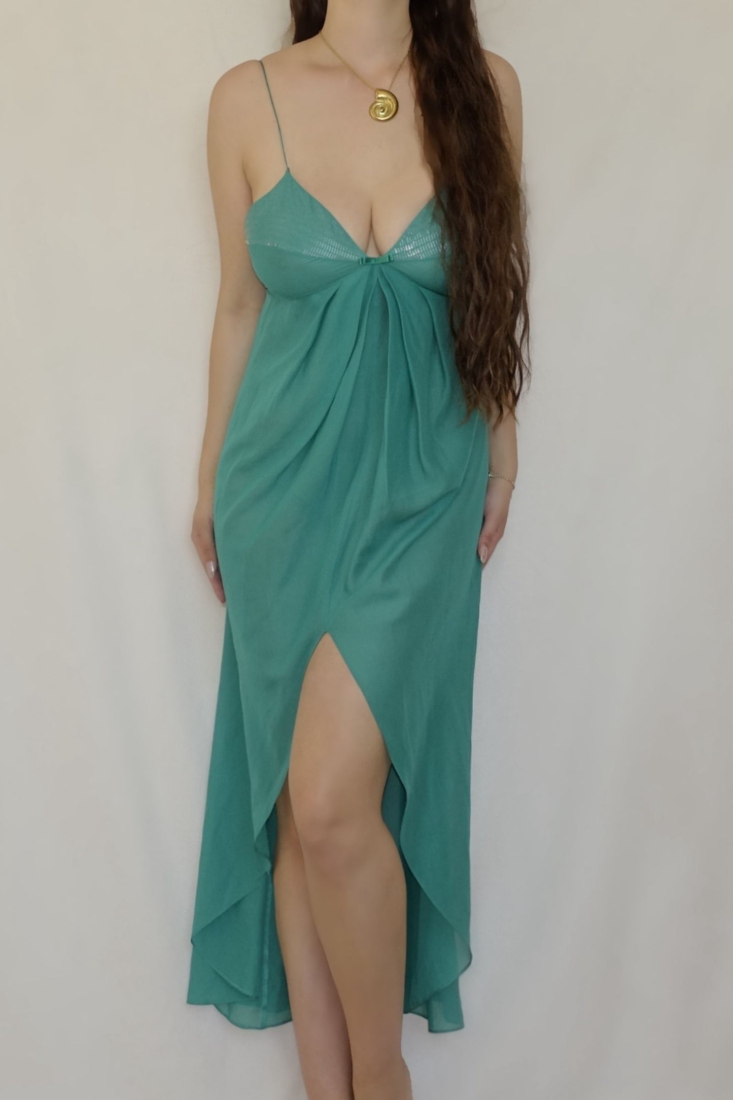 Vintage Teal Semi Sheer Slit Slip Dress