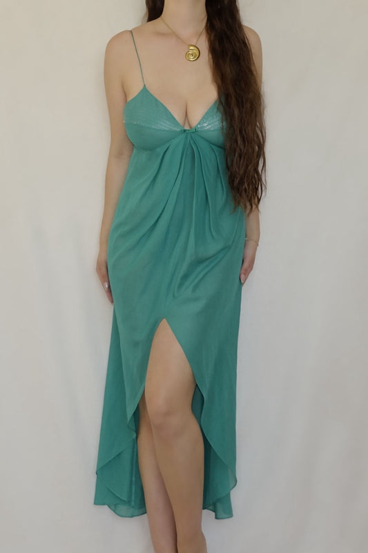 Vintage Teal Semi Sheer Slit Slip Dress