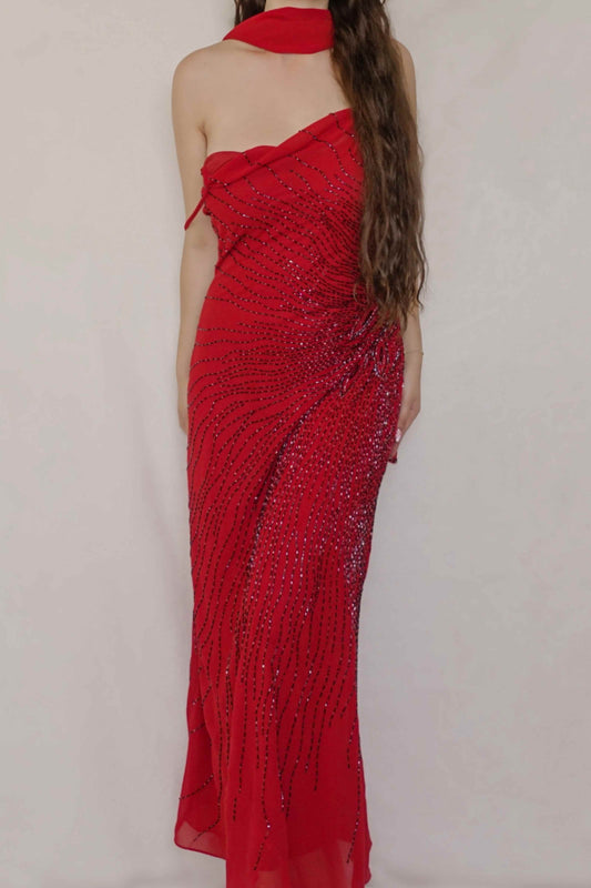 100% Silk Crimson Red Beaded Gown & Scarf Ensemble