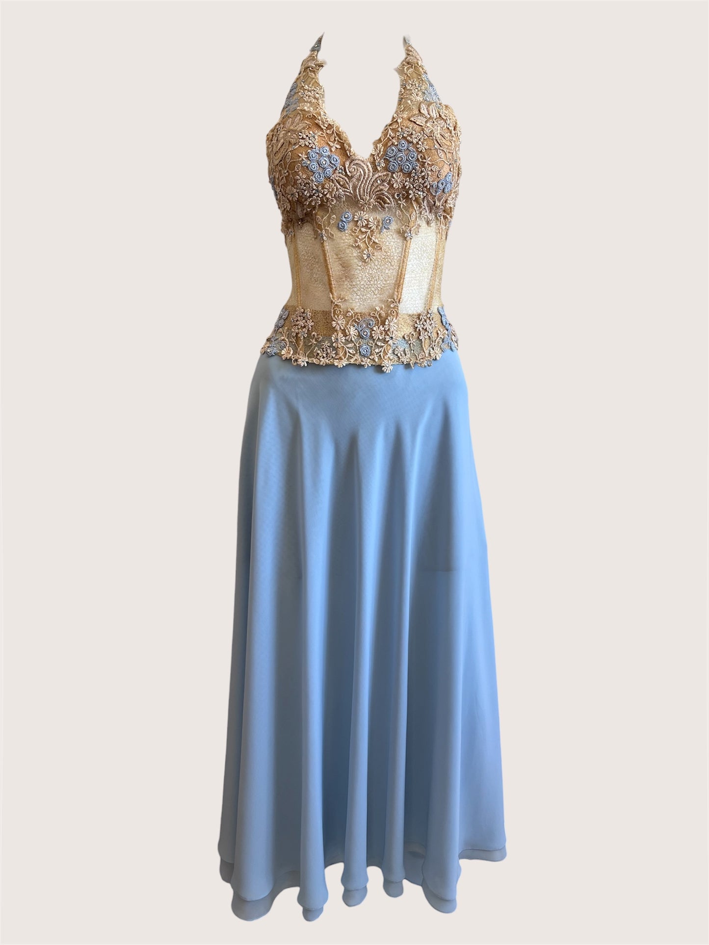 Luxurious Designer Blue Floral Corset & Maxi Skirt Ensemble