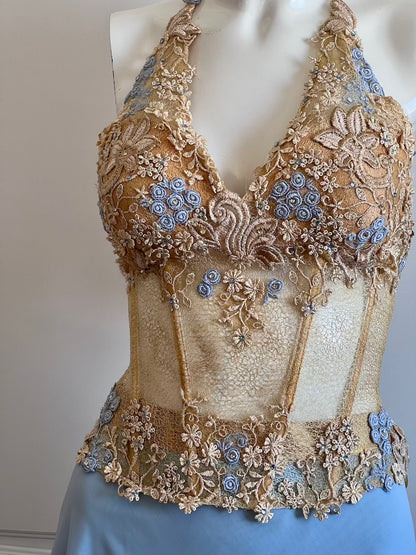 Luxurious Designer Blue Floral Corset & Maxi Skirt Ensemble
