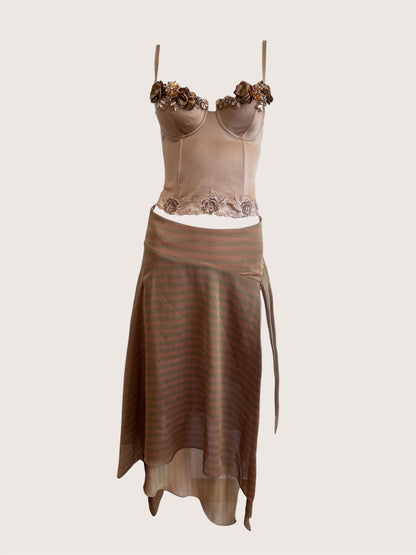 Luxurious Designer Khaki Brown Striped Skirt