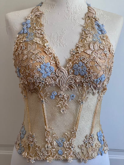 Luxurious Designer Blue Floral Corset & Maxi Skirt Ensemble