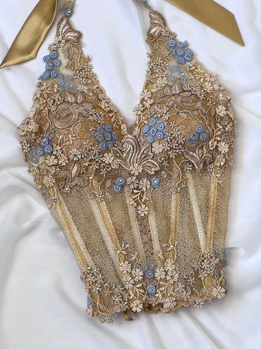 Luxurious Designer Blue Floral Corset & Maxi Skirt Ensemble
