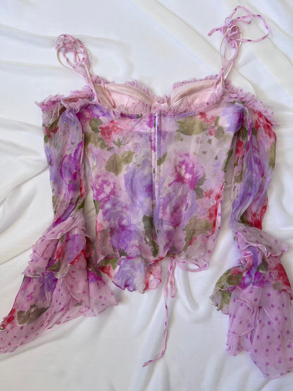 Luxurious Designer 100% Silk Pink Floral Corset