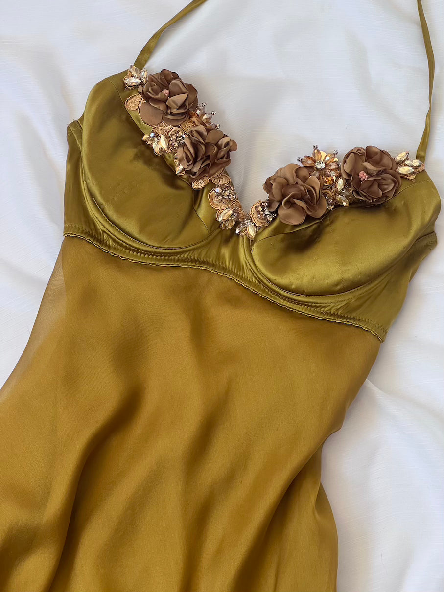 100% Silk Olive Flower Bouquet Bustier Dress