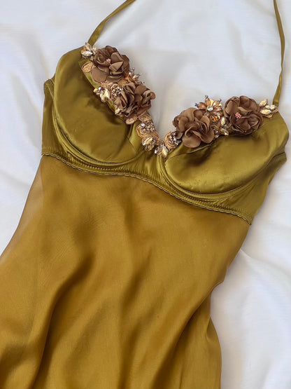 100% Silk Olive Flower Bouquet Bustier Dress