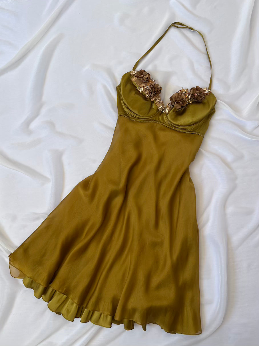 100% Silk Olive Flower Bouquet Bustier Dress